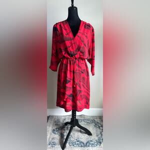 Vintage 80's Union Made Women's Cut Retro Glam Red Faux Wrap Midi Dress Size M